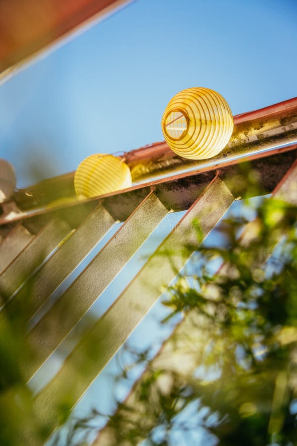 Summer feeling on the balcony: Close up of lampions, Close up of summer lampions on a balcony, leisure time in the summer holidays, light, feeling, party, outdoors, decoration, concept, lifestyle, garden, cosy, weekend, evening, relax, home, summertime, festival, homelike, ease, relaxation, bright, celebration, youth, season, object, invitation, music, fun, lighting, design, celebrate, decorative, vintage, colors, text, space, carnival, copy, sphere