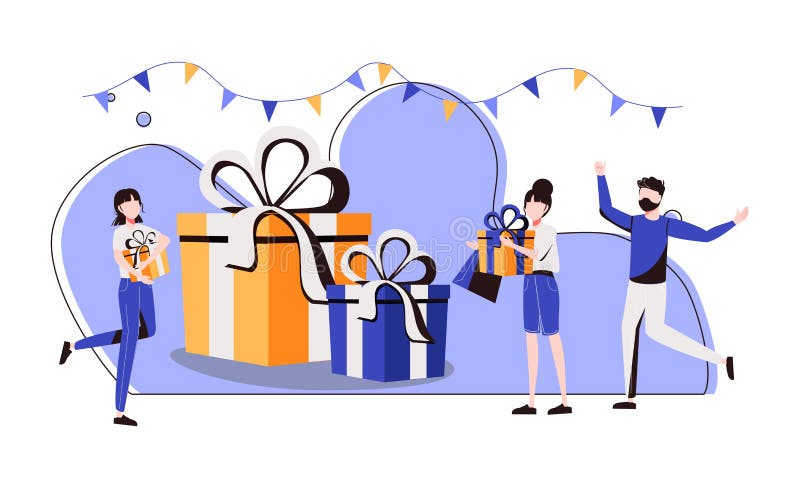 Group of young people celebrating birthday in surprise party. Friends giving gift boxes wot birthday girl. Vector illustration for, Group of young people celebrating birthday in surprise party. Friends giving gift boxes wot birthday girl. Vector illustration for celebration, festive event, presents, fun concept