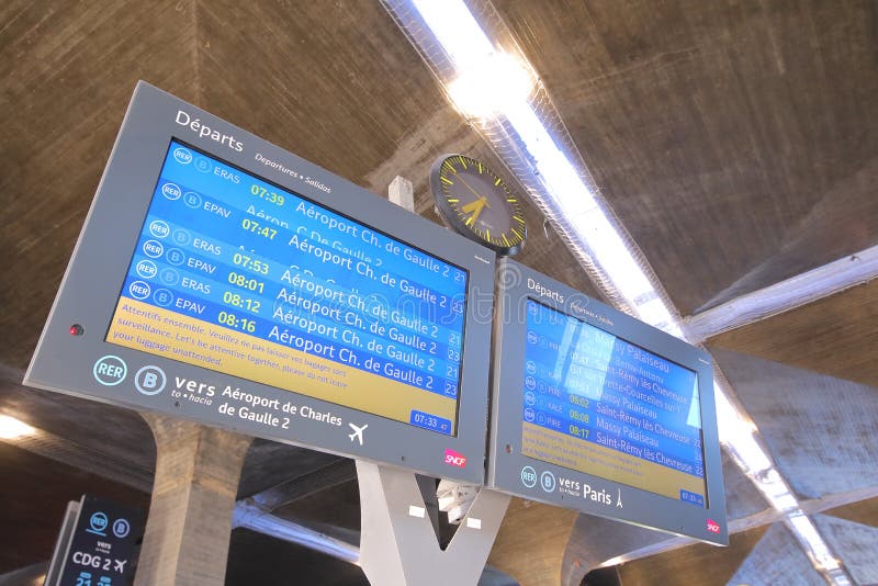 Charles de Gaulle airport train station Paris France, Charles de Gaulle airport train station timetable display Paris France
