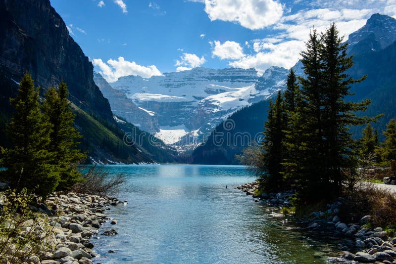 Lake Louise in Banff national park, alberta, canda, Typical blue of mountain and canadian rocky mountains lake on a sunny summer day
