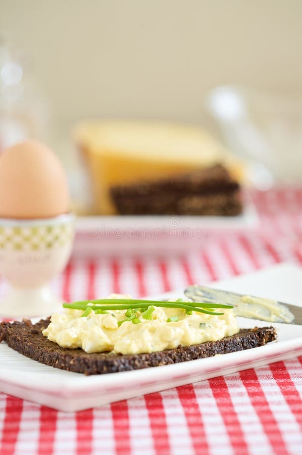 Healthy breakfast, Egg-salad on whole wheat rye toast on the breakfast table