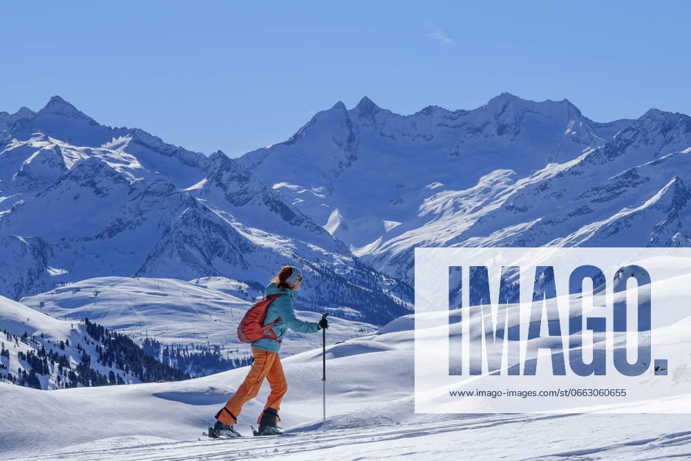 Mature woman back country skiing at Schwebenkopf on sunny day, Kurzer Grund, Kitzbuehel Alps, Tyrol, Austria model released, Symbolfoto, ANSF00892