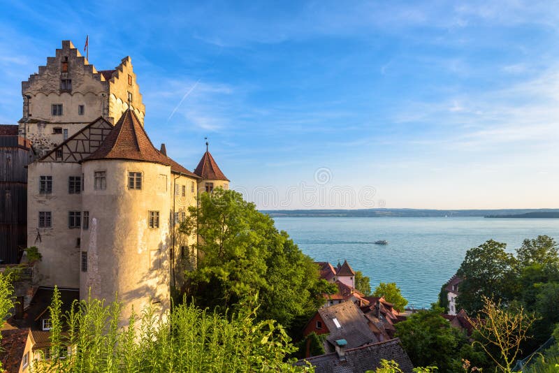 Meersburg Castle at Lake Constance or Bodensee, Germany. This medieval castle is landmark of Meersburg town, Meersburg Castle at Lake Constance or Bodensee, Germany. This medieval castle is landmark of Meersburg town. Scenic view of old German castle in summer. Nice Swabian landscape in sunset light