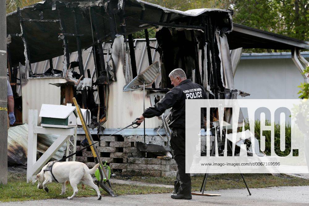 Palm Harbor, Florida, U.S. - DOUGLAS R. CLIFFORD.Detective Mike Douglas, with the Florida State Fire Marshal s Office, investigates the scene of one of Friday s (3 7 14) fires, at lot 103, in the Frontier Village Mobile Home Park, 30700 US Hwy 19, Palm Harbor, with the help of accelerant detection canine Misty. Deputies responded to the call at 2:30 a.m. prompting a multi-agency investigation of two separate fires discovered at the park this morning, including the mobile home on lot 103 engulfed in flames. A neighbor helped evacuate the two residents inside, Animal Kidd, 65, and Marcus DeVoto, 63, who were both treated for smoke inhalation, according to deputies. While Palm Harbor Fire Rescue was extinguishing the fire at lot 103, another smaller fire was discovered at lot 80 nearby and was quickly extinguished. The lot was vacant and no injuries were reported. - ZUMAs70