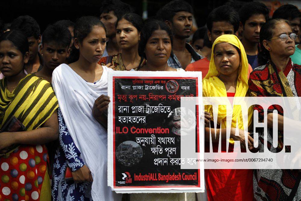 Dhaka, Bangladesh - Garment workers take part in a rally in front of press club organized by United Federation of Garment Workers in Dhaka demanding compensation for victims of Rana Plaza according to the ILO convention. - ZUMAn23