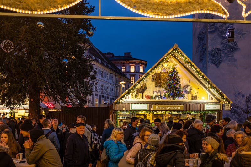 Christmas market Christkindlmarkt on main square in Graz, Styria, Austria, Christmas market Christkindlmarkt in the evening on main square in Graz, Styria, Austria