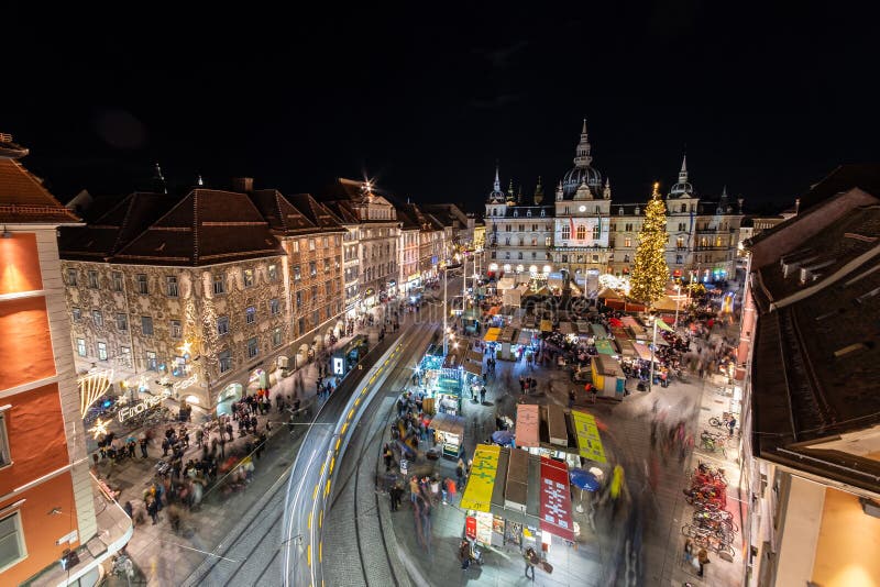 Christmas market Christkindlmarkt city hall Rathaus in Graz, Styria, Austria, Christmas market Christkindlmarkt on main square with city hall Rathaus in Graz, Styria, Austria