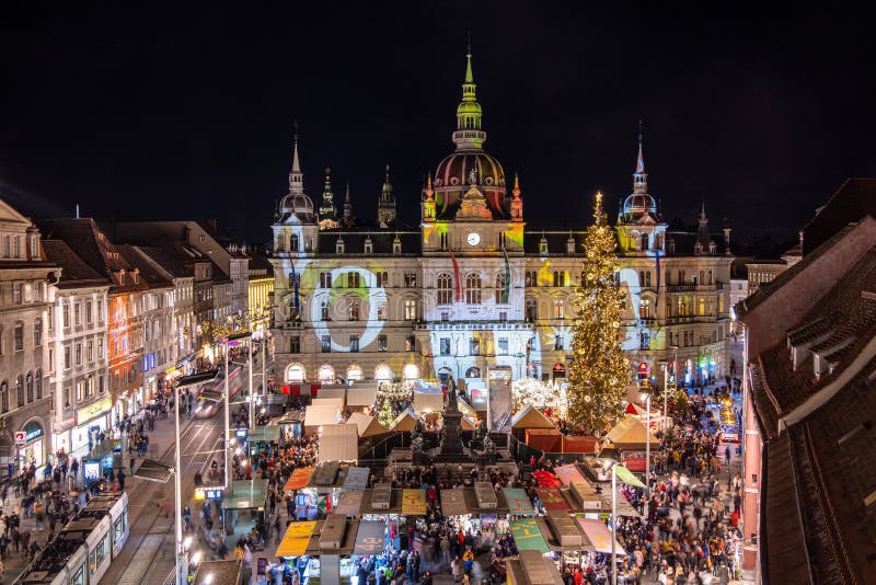 Christmas market Christkindlmarkt city hall Rathaus in Graz, Styria, Austria, Christmas market Christkindlmarkt on main square with city hall Rathaus in Graz, Styria, Austria