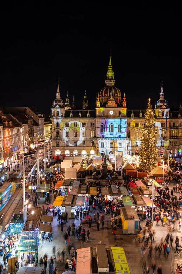 Christmas market Christkindlmarkt city hall Rathaus in Graz, Styria, Austria, Christmas market Christkindlmarkt on main square with city hall Rathaus in Graz, Styria, Austria