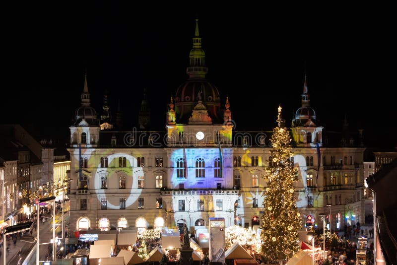 Christmas market Christkindlmarkt city hall Rathaus in Graz, Styria, Austria, Christmas market Christkindlmarkt on main square with city hall Rathaus in Graz, Styria, Austria