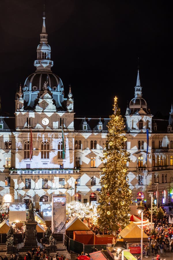 Christmas market Christkindlmarkt city hall Rathaus in Graz, Styria, Austria, Christmas market Christkindlmarkt on main square with city hall Rathaus in Graz, Styria, Austria