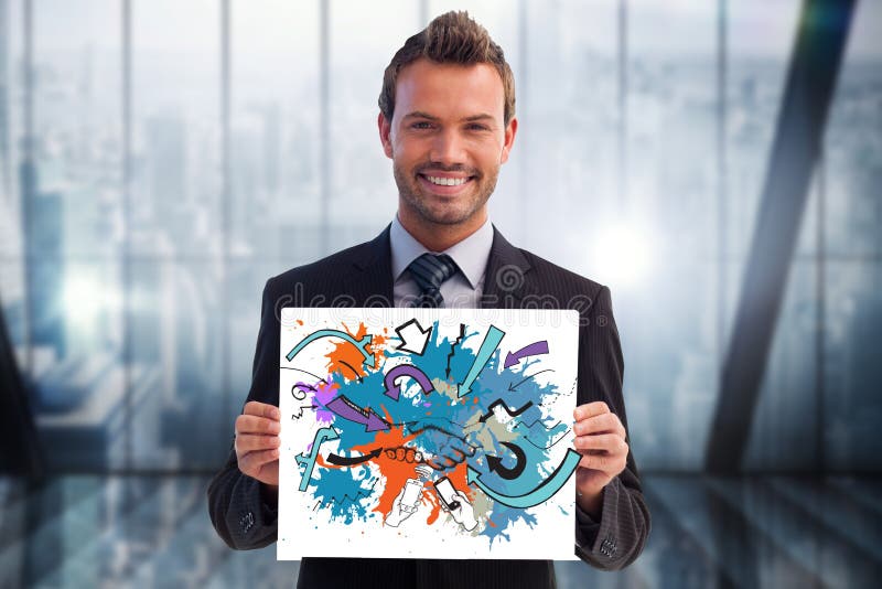 Portrait of smiling businessman holding colorful billboard in office, Digital composite of Portrait of smiling businessman holding colorful billboard in office model released