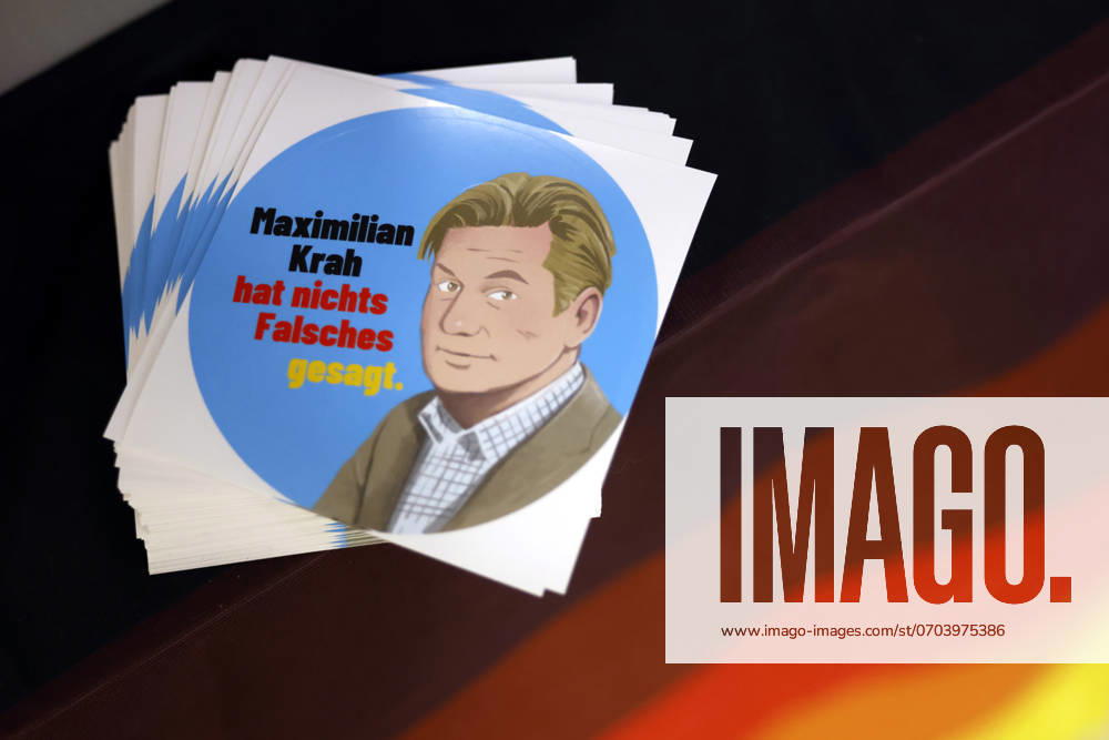 Ein Sticker mit dem Konterfei von Politiker Maximilian Krah (AfD) und der Aufschrift Maximilian Krah hat nichts Falsches gesagt zu sehen auf dem 15. Bundesparteitag der Alternative für Deutschland in der Grugahalle. Essen, 30.06.2024 NRW Deutschland