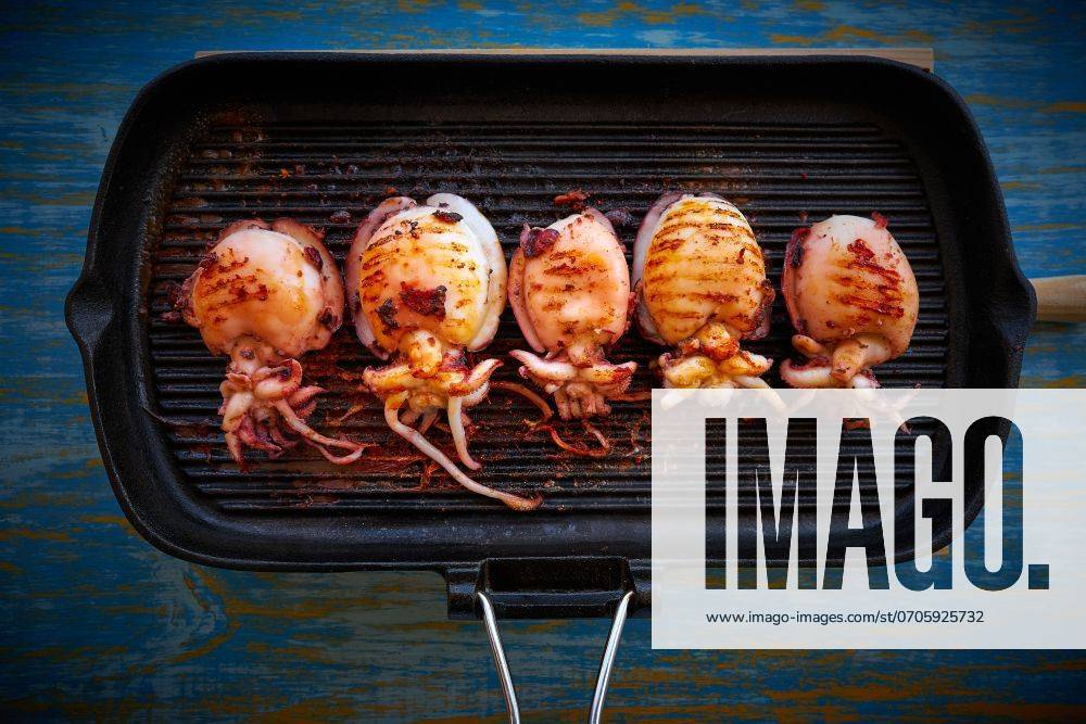 IMAGO Creative, Food, Tapas Grilled cuttlefish squid in cast iron grill on wood ,model released, Symbolfoto