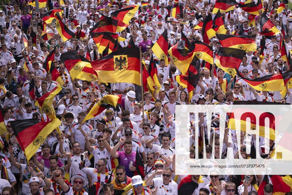 Fan march, German football fans march to the quarter-final Spain versus Germany, UEFA EURO 2024, European Championship, flags, sea of flags, atmosphere, atmospheric, fan club DFB, German Football Association, B14, Cannstatter Straße, Stuttgart, Baden-Württemberg, Germany, Europe
