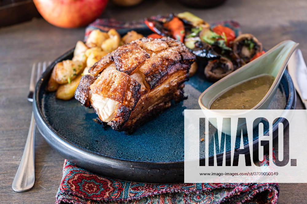 Roast pork loin glazed with a rich honey sauce, accompanied by a colorful salad of grilled vegetables and potatoes, served on a blue ceramic plate with a rustic setting Model Released AnnaBogush_ID22685_661225_002