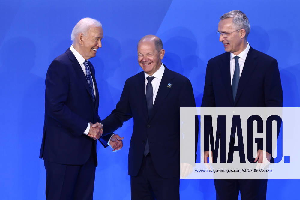 75th NATO Summit In Washington D.C. President of the United States Joe Biden, Chancellor of Germany Olaf Scholz and Secretary General of NATO Jens Stoltenberg attend Welcome Ceremony during the 75th NATO Summit in the Walter E. Washington Convention Center in Washington, DC, on July 10, 2024. Washington D.C. United States