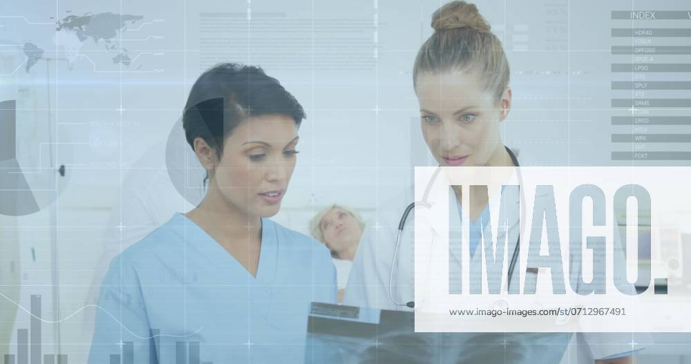 Image of infographic interface over diverse female doctors discussing patient x-ray in hospital. Digital composite, multiple exposure, report, business, global, medical, healthcare, technology. , 16.07.2024, 5168600.jpg , people,infographic interface,diverse female doctors,discussing,patient x-ray,hospital,digital composite,multiple exposure,report,business,global,medical,healthcare,technology,professionals,collaboration,analysis,diagnostic,radiology,teamwork,patient care,medical equipment,healthcare workers,consultation,medical examination,patient data,clinical,doctor-patient relationship,medical report,digital healthcare,healthcare innovation,medical technology,telemedicine,medical analysis,patient treatment,health information,clinical de