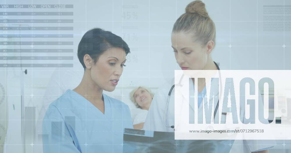 Image of infographic interface over diverse female doctors discussing patient x-ray in hospital. Digital composite, multiple exposure, report, business, global, medical, healthcare, technology. , 16.07.2024, 5168606.jpg , people,digital composite,multiple exposure,diverse female doctors,discussing,patient x-ray,hospital,infographic interface,report,business,global,medical,healthcare,technology,professional consultation,diagnosis,teamwork,women in medicine,medical analysis,patient care,healthcare professionals,clinical environment,medical imaging,radiology,healthcare technology innovations,medical expertise,consultation room,medical team collaboration,patient treatment planning,cross-disciplinary team,clinical decision-making,health informat