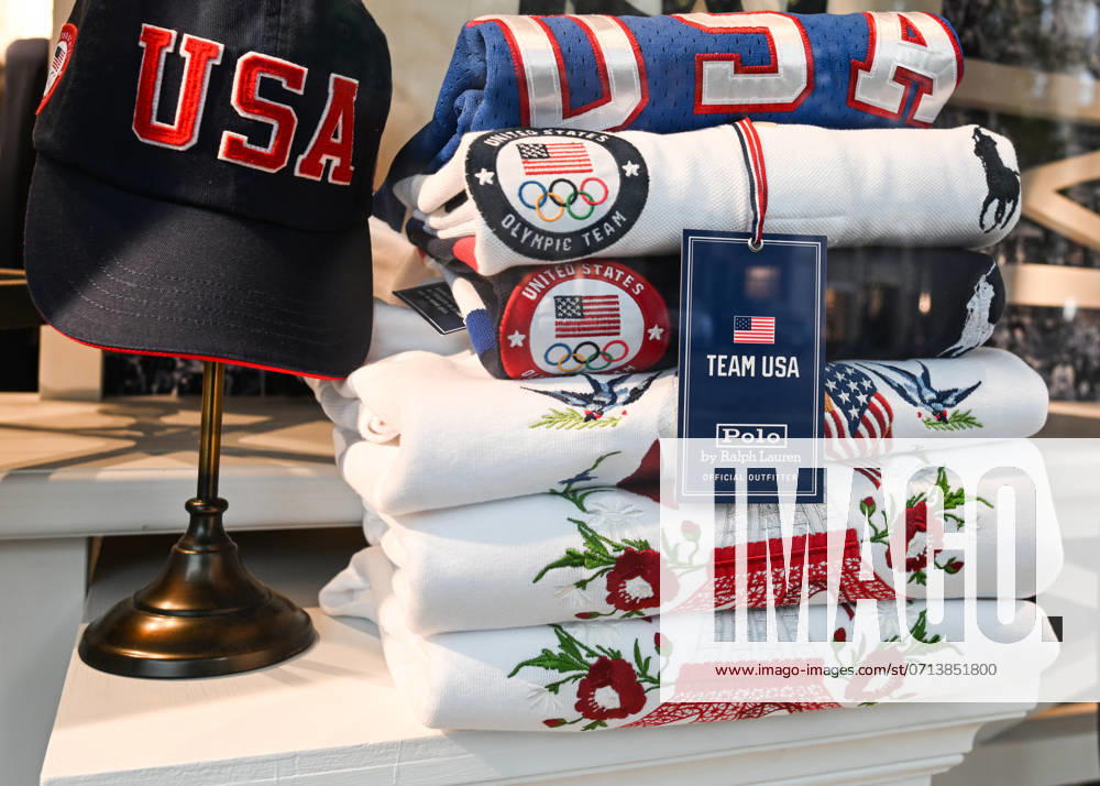 Daily Life In Paris On The Eve Of The Olympics PARIS, FRANCE - JULY 15: Windows of the Ralph Lauren boutique in the 8th arrondissement of Paris, decorated with Olympic US Team clothing, on July 15, 2024, in Paris France. Paris France
