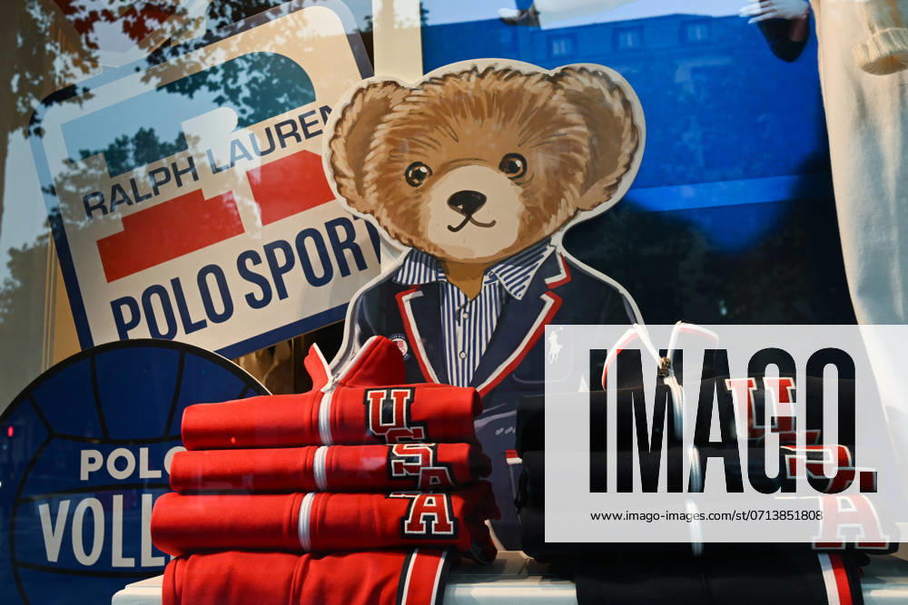 Daily Life In Paris On The Eve Of The Olympics PARIS, FRANCE - JULY 15: Windows of the Ralph Lauren boutique in the 8th arrondissement of Paris, decorated with Olympic US Team clothing, on July 15, 2024, in Paris France. Paris France