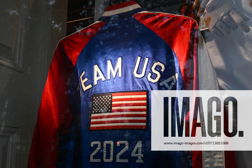 Daily Life In Paris On The Eve Of The Olympics PARIS, FRANCE - JULY 15: Windows of the Ralph Lauren boutique in the 8th arrondissement of Paris, decorated with Olympic US Team clothing, on July 15, 2024, in Paris France. Paris France