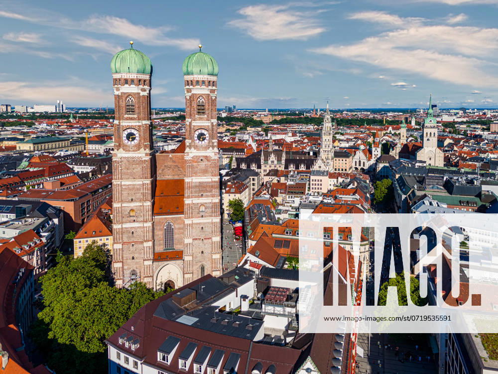 Munich Landmark Frauenkirche in Summer Munich Cityscape dominated by the Frauenkirche in an aerial view Munich Germany