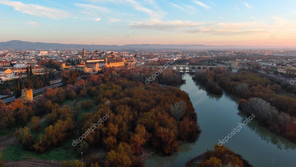 Aerial View of the Mosque Cathedral of Cordoba, Roman bridge, Andalusia, Spain