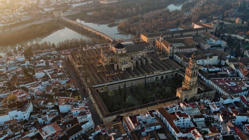 Aerial View of the Mosque Cathedral of Cordoba, Roman bridge, Andalusia, Spain