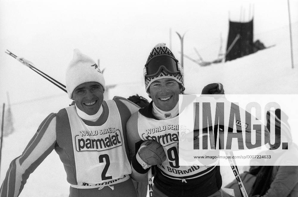 Christian Neureuther (BR Deutschland, li.) und Ingemar Stenmark (Schweden) Alpiner Skilauf Herren Ski Alpin 1978 1979, Skisport Gruppe BRD Bormio Harmonie, Freude, Kameradschaft,