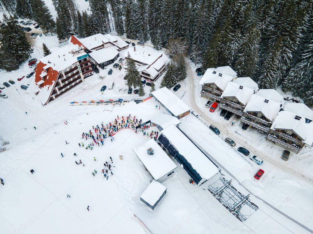 Aerial view jasna ski resort lines to chair lift copy space