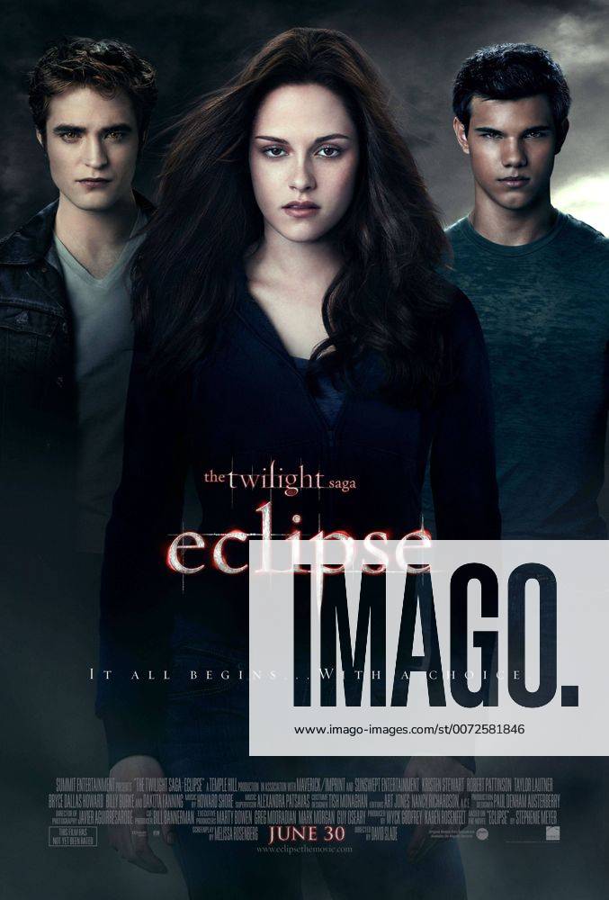 RELEASE DATE: June 30, 2010. MOVIE TITLE: The Twilight Saga: Eclipse. STUDIO: Summit Entertainment. PLOT: As a string of mysterious killings grips Seattle, Bella, whose high school graduation is fast approaching, is forced to choose between her love for vampire Edward and her friendship with werewolf Jacob. PICTURED: KRISTEN STEWART as Bella Swan, ROBERT PATTINSON as Edward Cullen, TAYLOR LAUTNER as Jacob. Poster. - ZUMAg90_