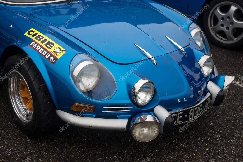 Mulhouse - France - 13 November 2022 - Front view of blue alpine A110 berlinette1975 parked in the street