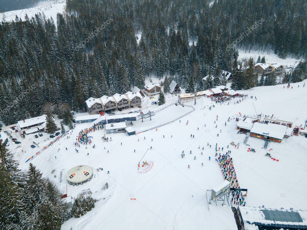 Aerial view jasna ski resort lines to chair lift copy space