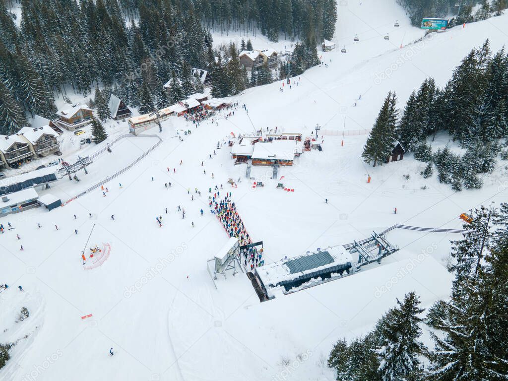 Aerial view jasna ski resort lines to chair lift copy space