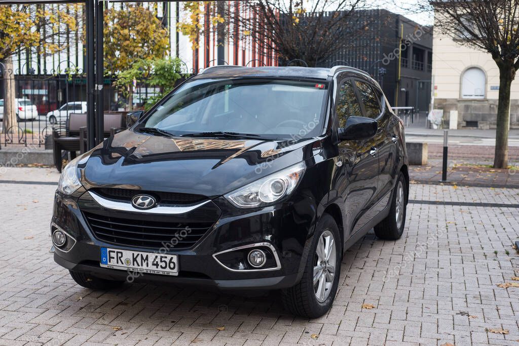 Mulhouse - France - 22 November 2020 - Front view of black Hyundai crossover parked in the street
