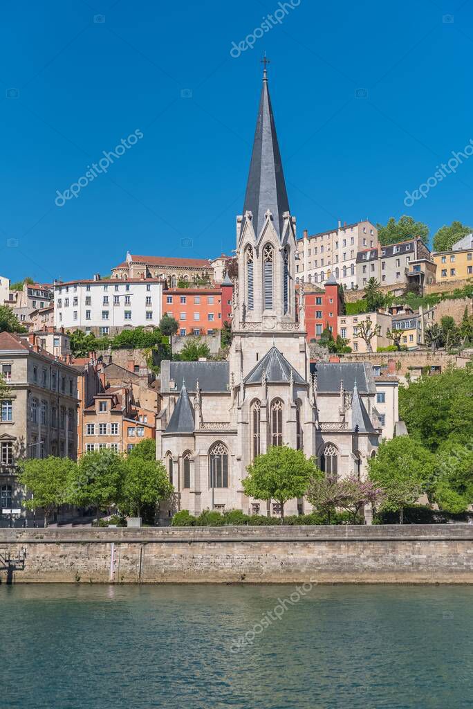 Vieux-Lyon, Saint-Georges church on the quay, colorful houses in the center, panorama