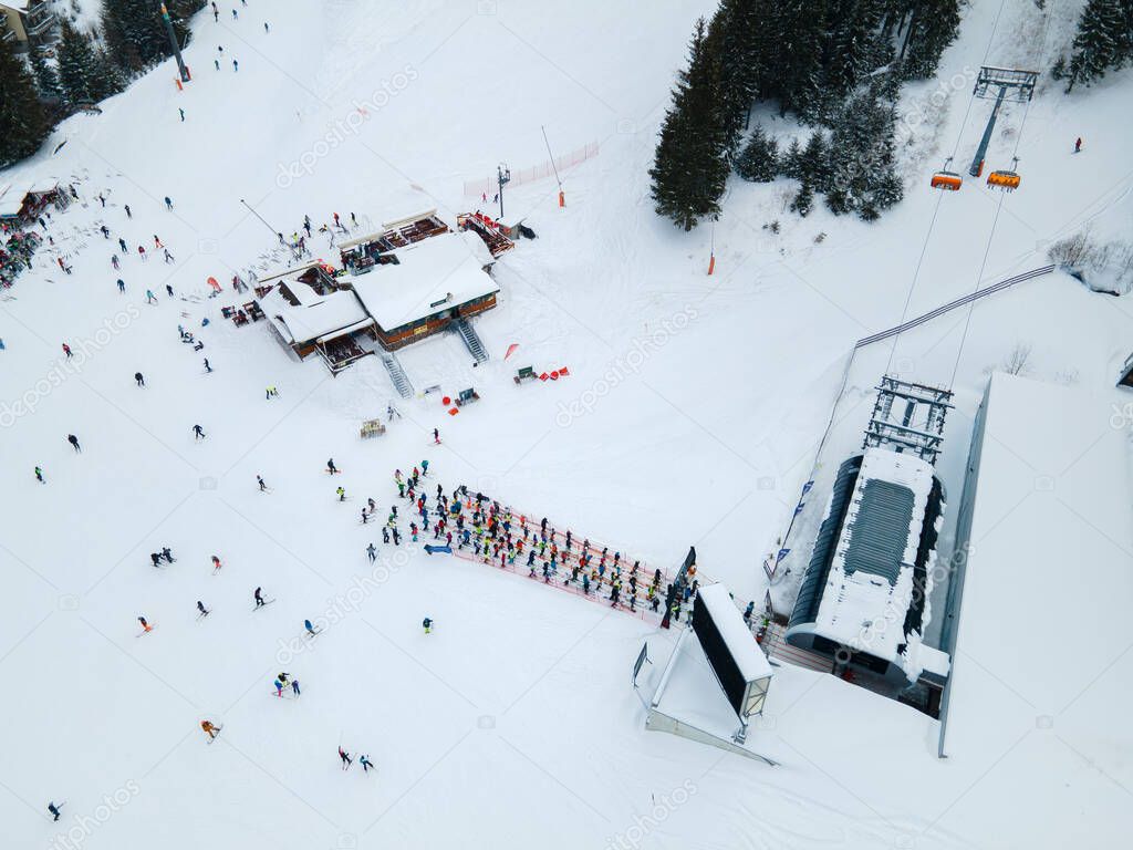 Aerial view jasna ski resort lines to chair lift copy space