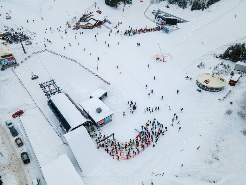 Aerial view jasna ski resort lines to chair lift copy space