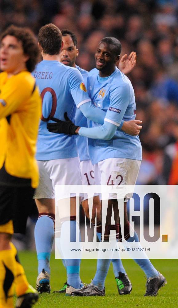 Yaya Toure of Manchester City celebrates scoring the third goal - UEFA Europa League 2nd Leg last 32 Manchester City (Blue) v Aris Saloniki (yellow) 24th February, 2011 .