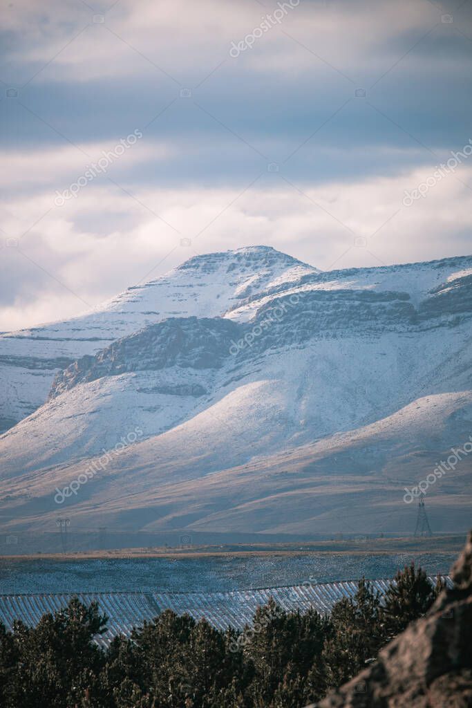 A beautiful landscape view of trees under snow cliffs against a gray sky in Matroosberg, South Africa