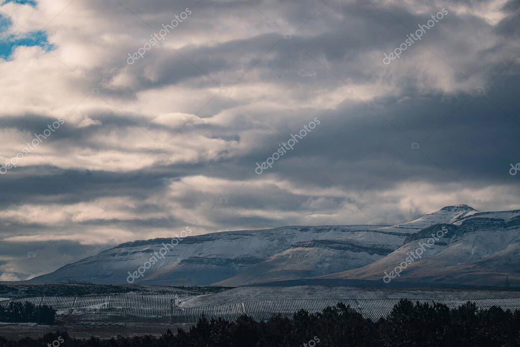 A beautiful landscape view of trees under snow cliffs against a gray sky in Matroosberg, South Africa
