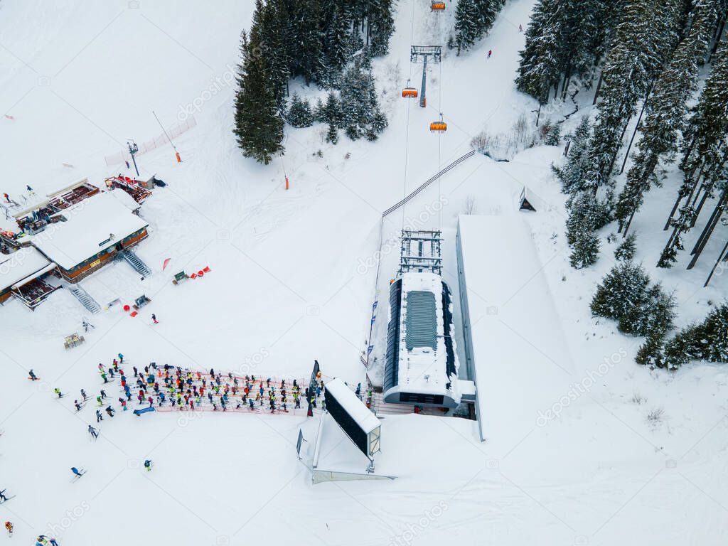 Aerial view jasna ski resort lines to chair lift copy space