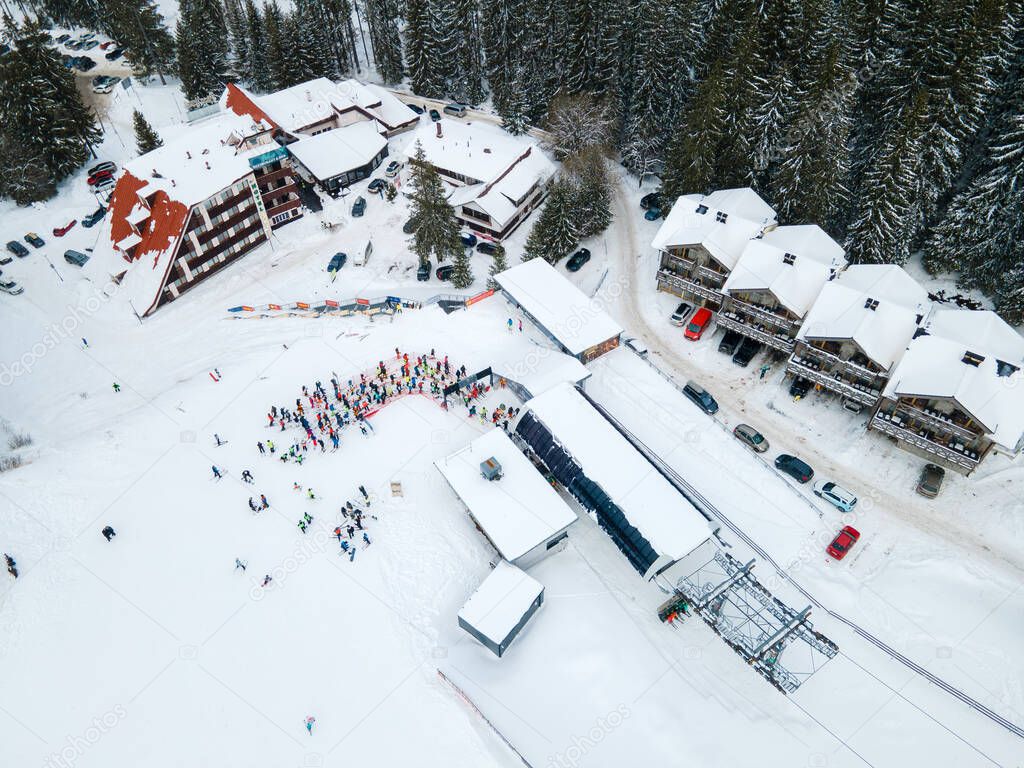 Aerial view jasna ski resort lines to chair lift copy space
