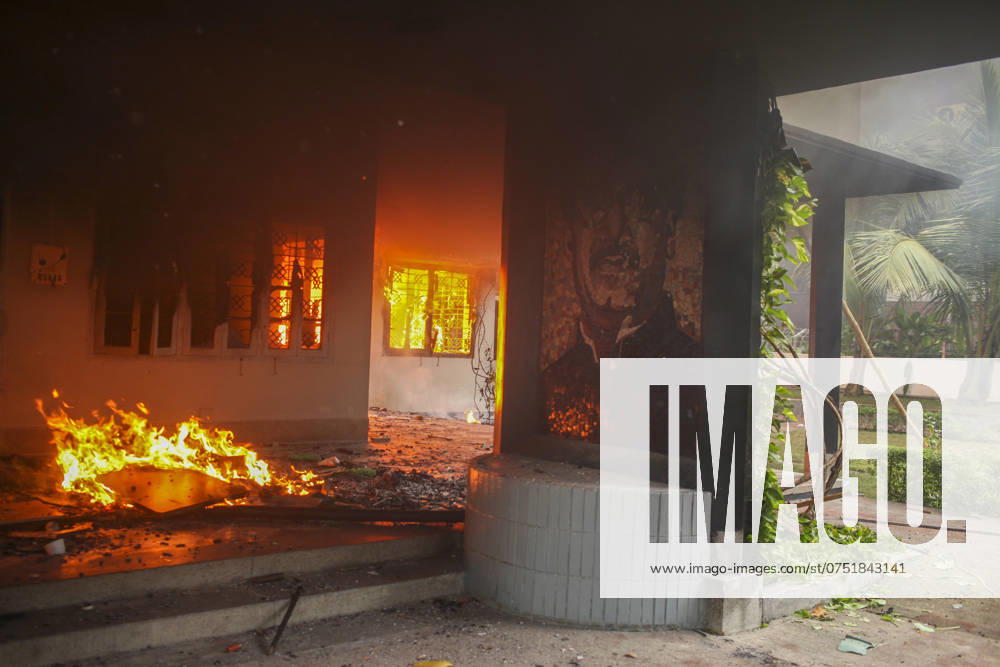 The Bangabandhu Memorial Museum is set on fire by anti-government protestors in Dhaka on August 5, 2024. Protests in Bangladesh that began as student-led demonstrations against government hiring rules in July culminated on August 5, in the prime minister fleeing and the military announcing it would form an interim government. Dhaka Bangladesh - ZUMAj163 20240805_zip_j163_033