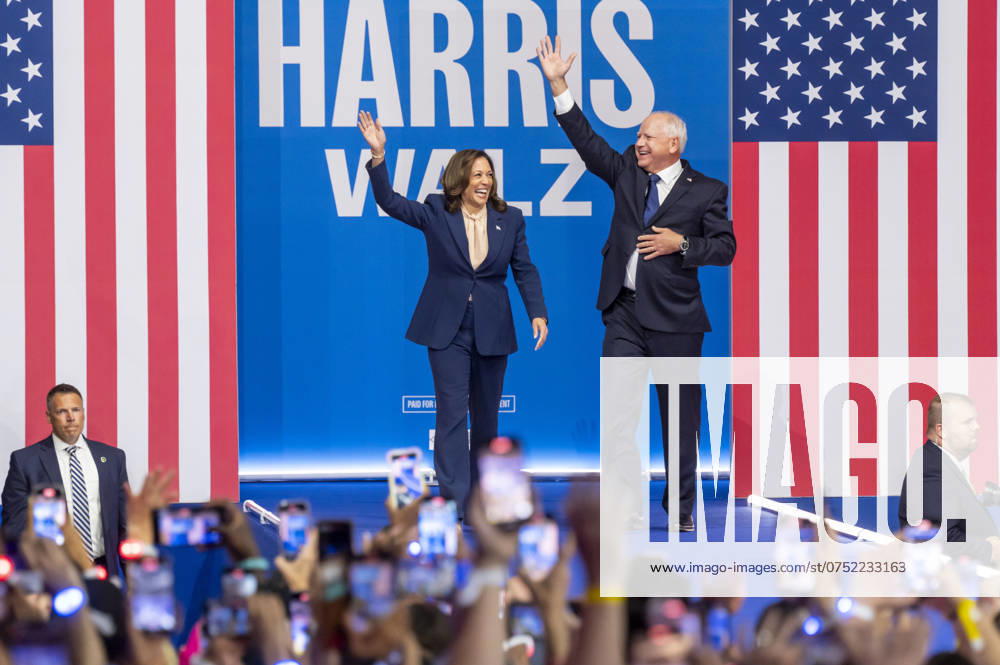 Democratic Presidential candidate VP Harris holds first rally with running mate Governor Tim Walz of Minnesota (NEW) Democratic Presidential candidate VP Harris holds first rally with running mate Governor Tim Walz of Minnesota. August 06, 2024, Philadelphia, Pennsylvania, USA: Democratic presidential candidate Vice President Kamala Harris and Governor Tim Walz of Minnesota take the stage during Democratic presidential candidate Vice President Kamala Harris first campaign rally with running mate Governor Tim Walz of Minnesota at Temple University& 39;s Liacouras Center on August 6, 2024 in Philadelphia, Pennsylvania. (Credit: M10s TheNews2) Democratic Presidential candidate VP Harris holds first rally with running mate Governor Tim Walz