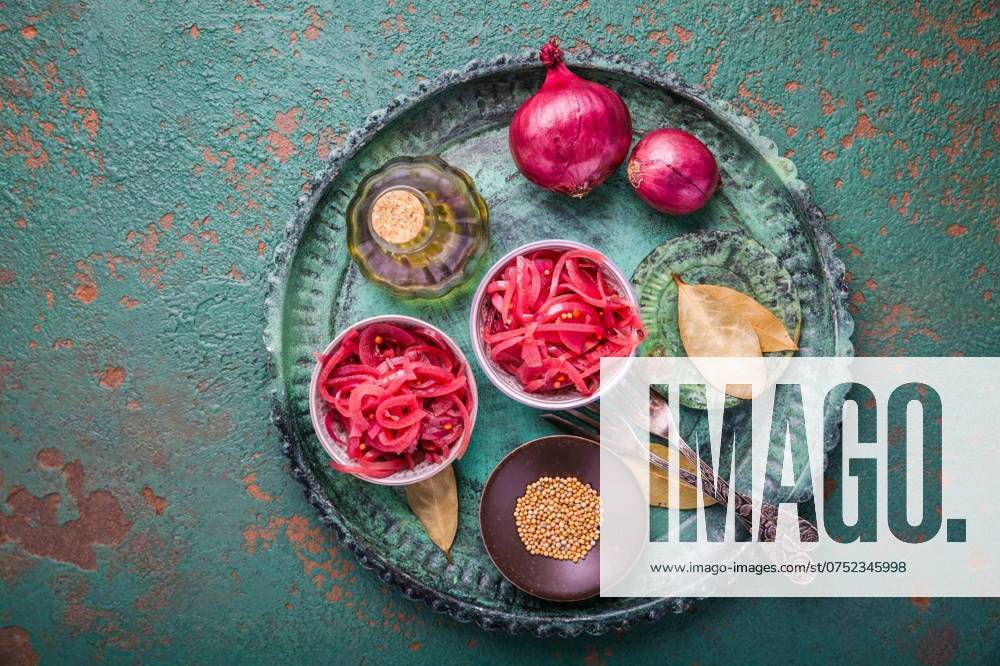 IMAGO Creative, Food, Pickled Onions Homemade pickled sliced red onions with ingredients, Homemade pickled sliced red onions with ingredients, Homemade pickled sliced red onions with ingredients, 31.10.2023,