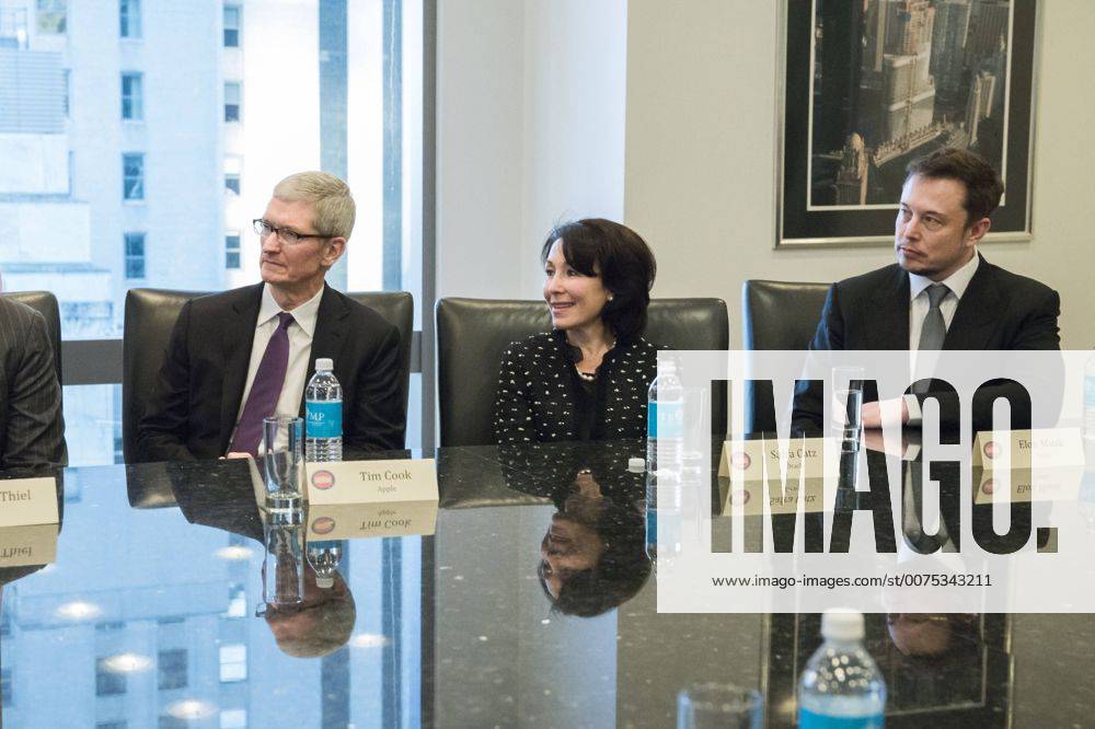 New York, New York, United States of America - United States President-elect Donald Trump, Vice President-elect Mike Pence, cabinet nominees and technology company chiefs Tim Cook, Safra Catz and Elon Musk are seen at a meeting in the Trump Organization conference room at Trump Tower in New York, NY, USA on December 14, 2016. . New York United States of America - ZUMAs152 20161214_zaa_s152_030