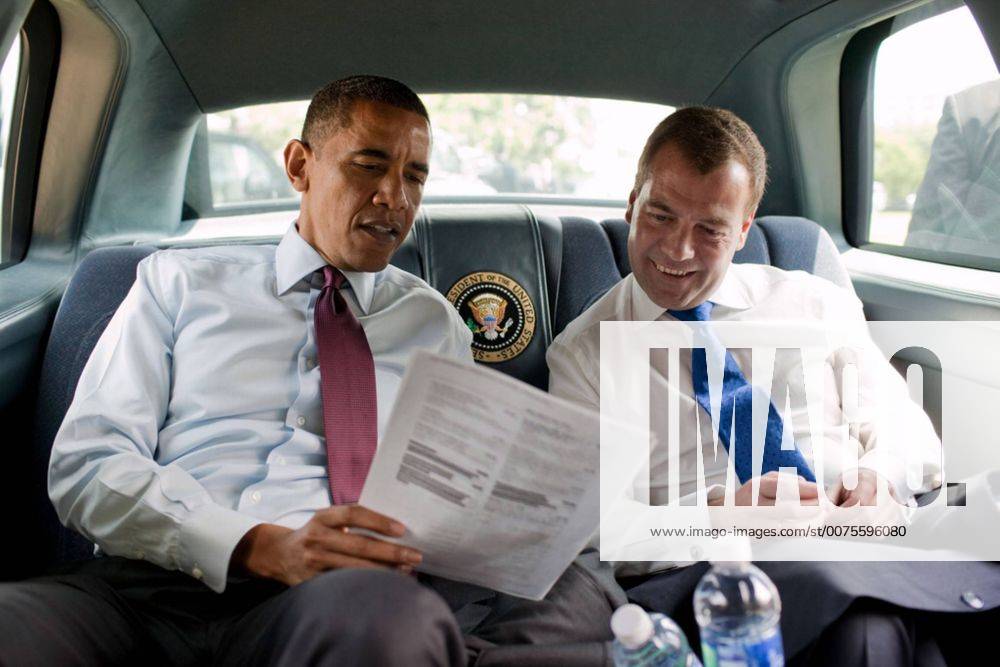 Jul. 21, 2010 - Washington, DC - President Barack Obama and Russian President Dmitry Medvedev look at a Ray s Hell Burger menu during their ride to the restaurant in Arlington, Va., June 24, 2010. Barack Hussein Obama II (born August 4, 1961) is the 44th President of the United States. He is the first African American to be elected to office and the first president born outside the contiguous United States. Born in Honolulu, Hawaii, Obama is a graduate of Columbia University and Harvard Law School. He worked as a civil rights attorney and taught constitutional law at the University of Chicago Law School from 1992 to 2004. While serving three terms representing the 13th District in the Illinois Senate from 1997 to 2004, he ran unsuccessfully in the Democratic primary for the United States House of Representatives in 2000. Washington - ZUMAz03_ 20100721_shh_z03_849