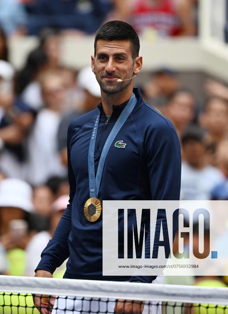 FLUSHING NY- AUGUST 24: Novak Djokovic is seen with his Olympic Gold Medal during Arthur Ashe Kids Day at the USTA Billie Jean King National Tennis Center on August 24, 2024 in Flushing Queens.